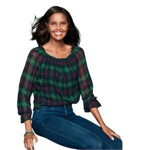 TALBOTS Tartan popover blouse green black plaid gathered neckline women medium